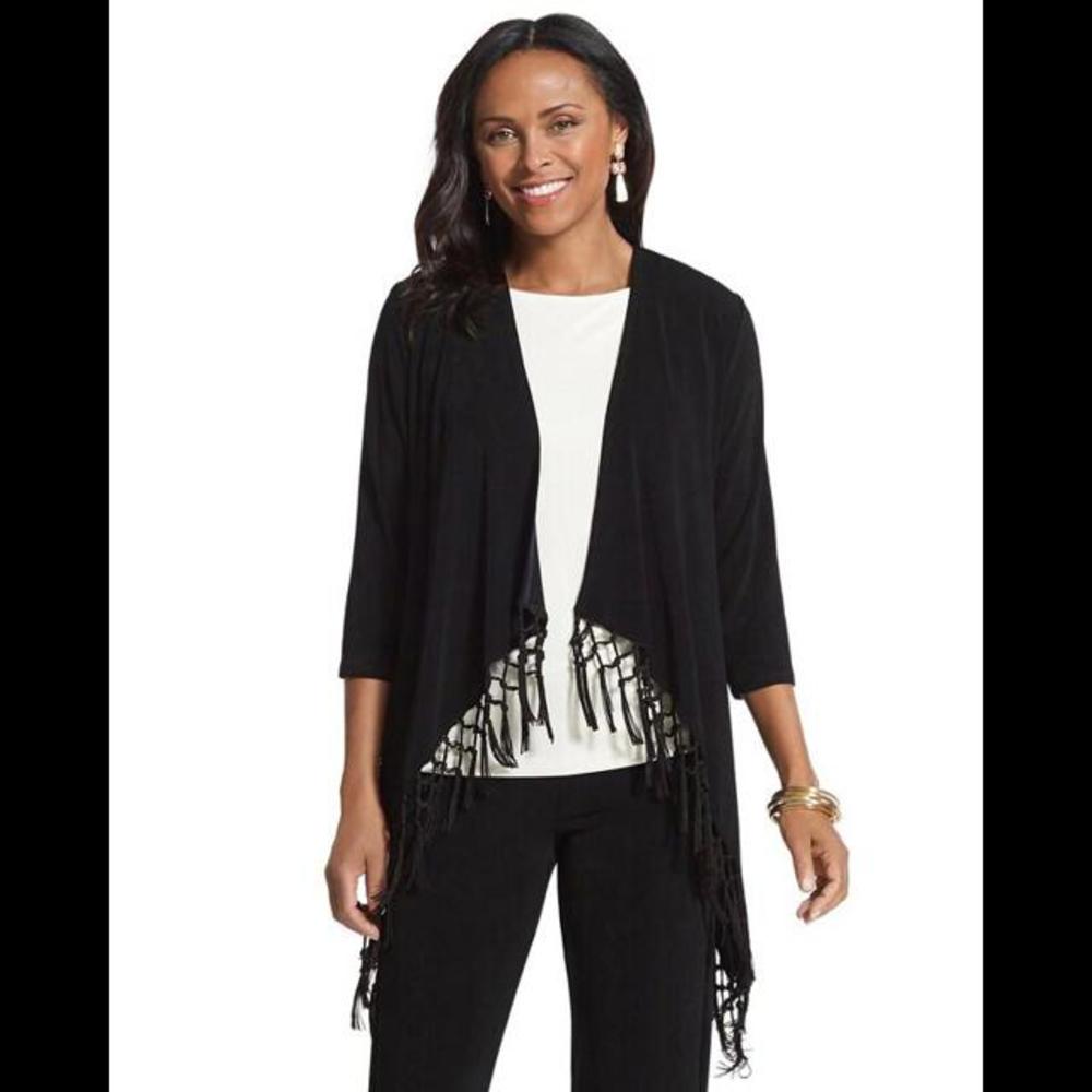 CHICO'S Travelers Classic Ladies Black Fringe Jacket Cardigan‎ Kimono, 1/Medium